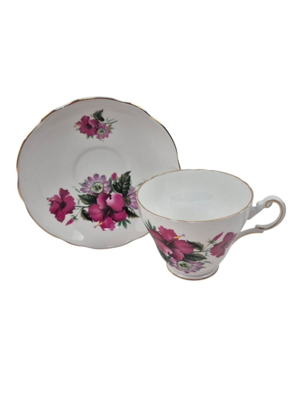 Regency Tea Cup Saucer Set Hibiscus Floral Gold Trim England Bone China Vintage